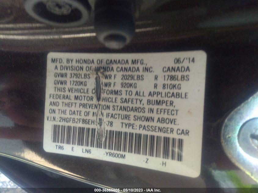 2014 HONDA CIVIC SEDAN EX - 2HGFB2F86EH532578