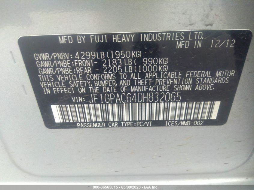 2013 SUBARU IMPREZA WAGON 2.0I PREMIUM - JF1GPAC64DH832065