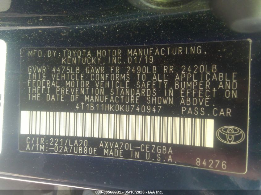 2019 TOYOTA CAMRY LE/SE/XLE/L - 4T1B11HK0KU740947