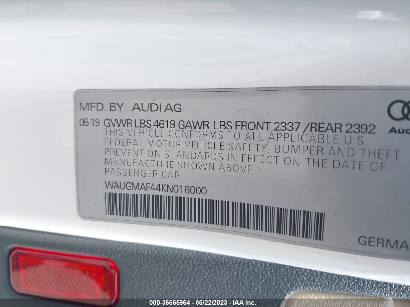 2019 AUDI A4 PREMIUM/TITANIUM PREMIUM - WAUGMAF44KN016000