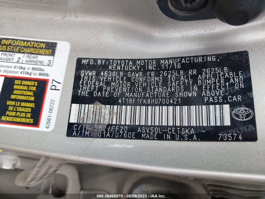 2017 TOYOTA CAMRY SE - 4T1BF1FK8HU700421