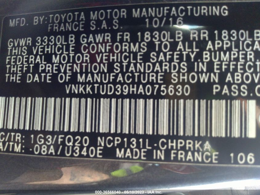 2017 TOYOTA YARIS L/SE/LE - VNKKTUD39HA075630