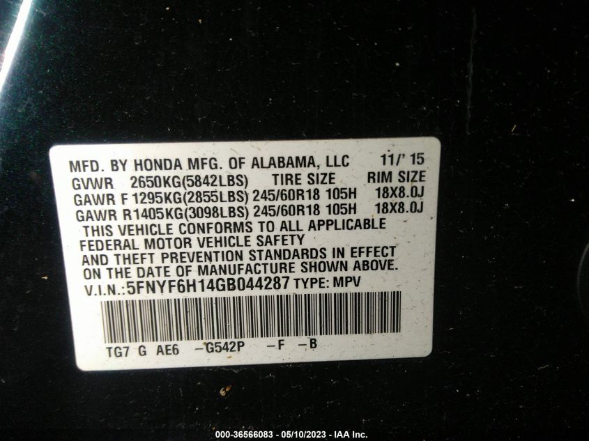 2016 HONDA PILOT LX - 5FNYF6H14GB044287
