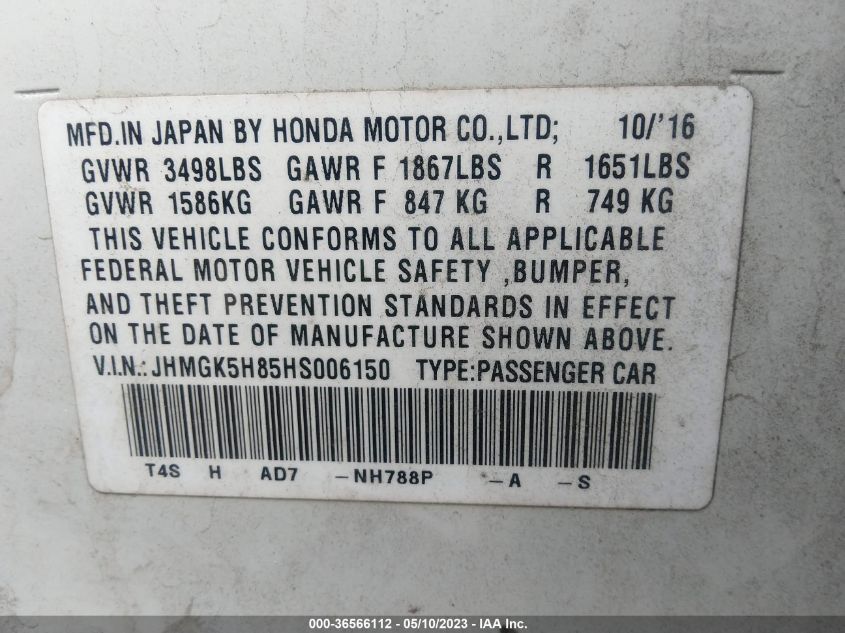 2017 HONDA FIT EX-L - JHMGK5H85HS006150