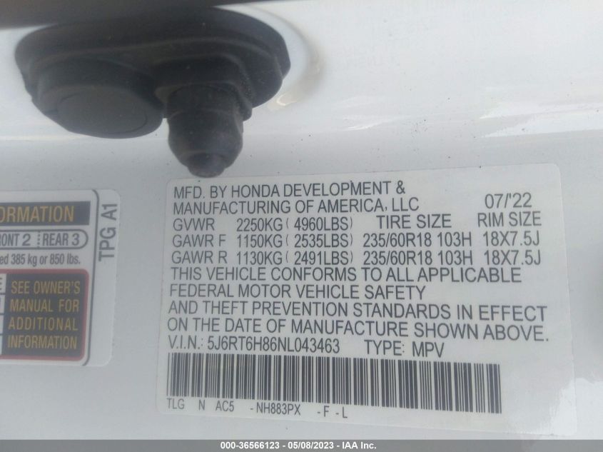 2022 HONDA CR-V HYBRID EX-L 5J6RT6H86NL043463