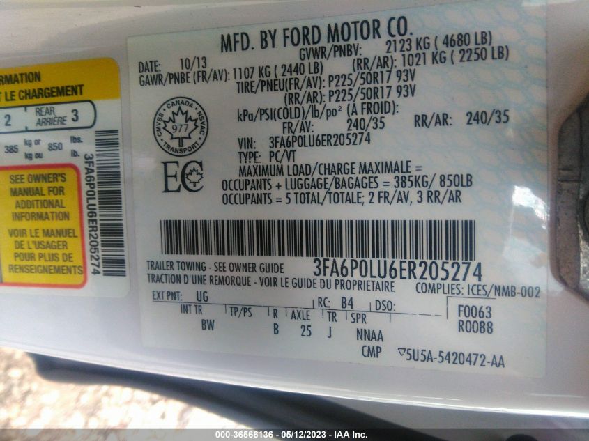 2014 FORD FUSION SE HYBRID - 3FA6P0LU6ER205274