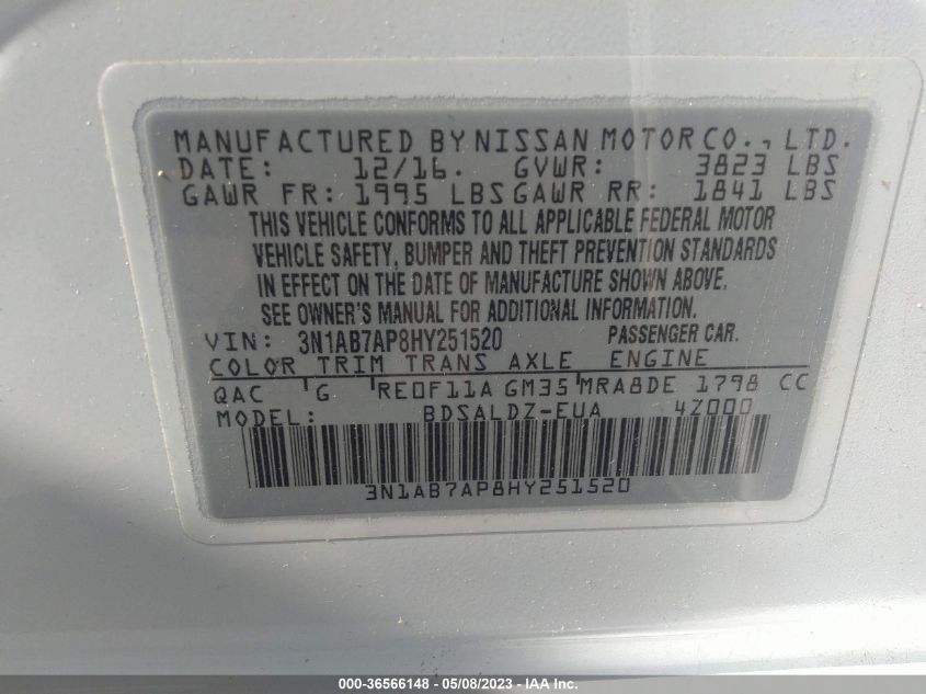 2017 NISSAN SENTRA SV - 3N1AB7AP8HY251520