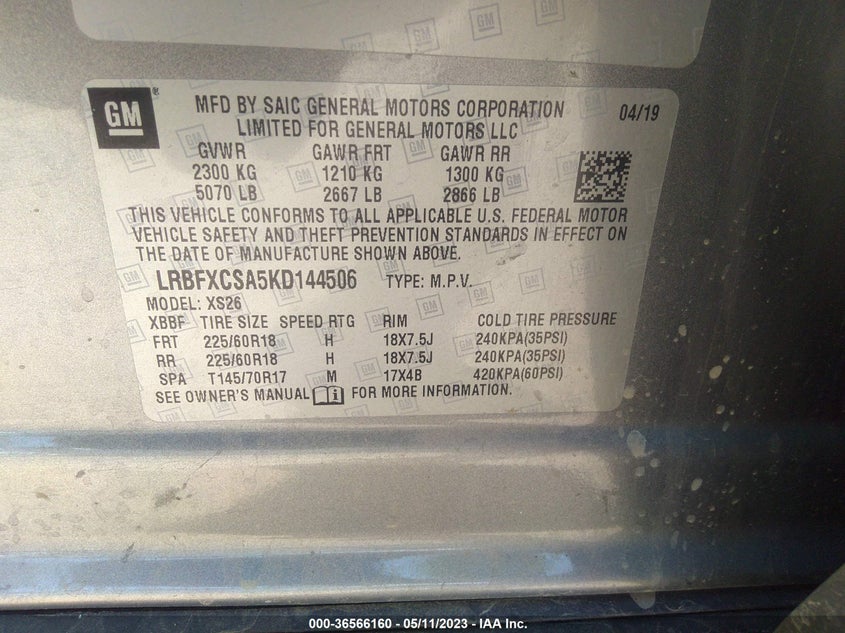 VIN LRBFXCSA5KD144506 2019 BUICK ENVISION ESSENCE