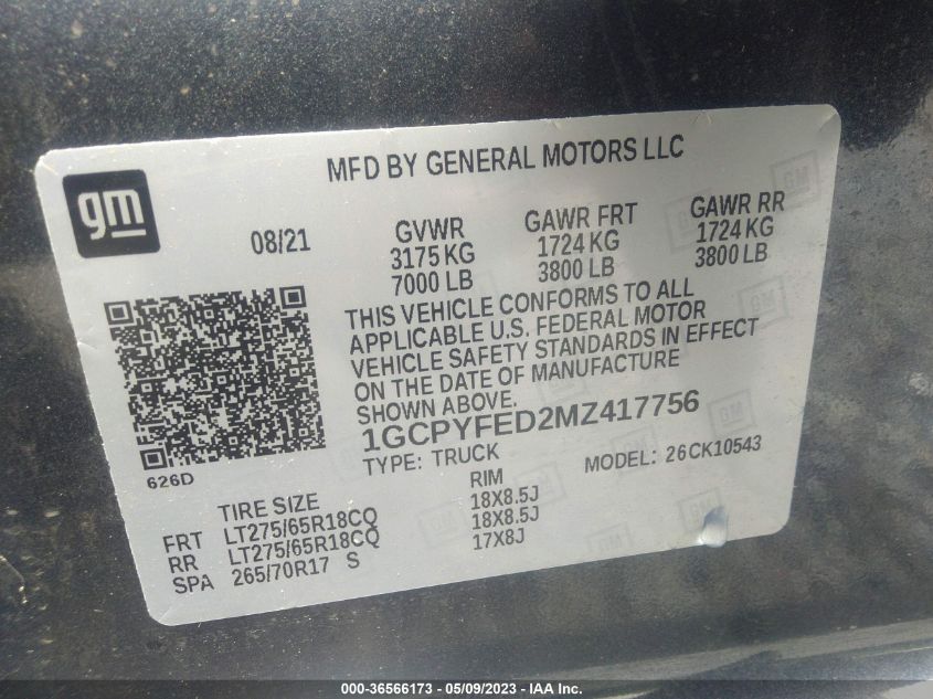 2021 CHEVROLET SILVERADO 1500 LT TRAIL BOSS - 1GCPYFED2MZ417756