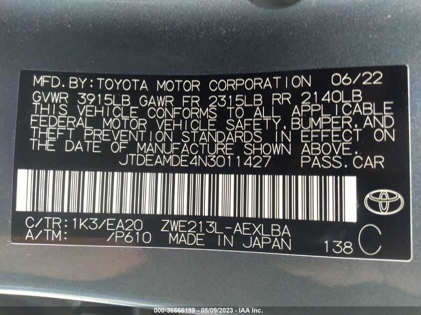 2022 TOYOTA COROLLA HYBRID LE - JTDEAMDE4N3011427