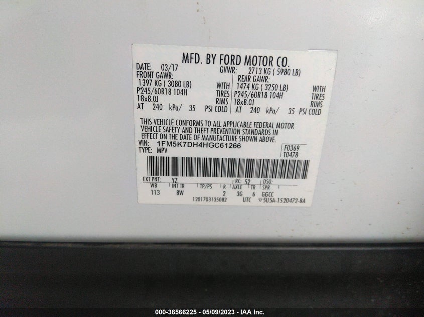 VIN 1FM5K7DH4HGC61266 2017 FORD EXPLORER XLT