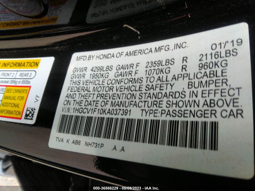 2019 HONDA ACCORD SEDAN LX 1.5T - 1HGCV1F10KA037391