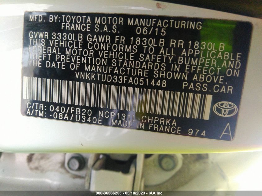 2015 TOYOTA YARIS L/SE/LE - VNKKTUD33FA051448