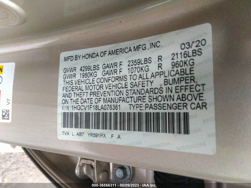 VIN 1HGCV1F18LA076361 2020 HONDA ACCORD SEDAN LX