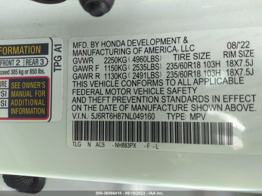 2022 HONDA CR-V HYBRID EX-L 5J6RT6H87NL049160