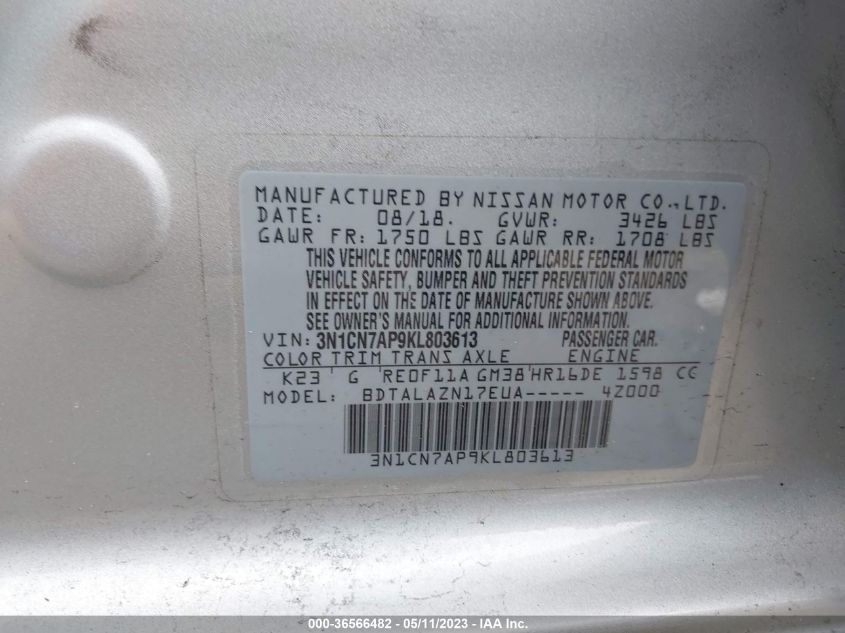 2019 NISSAN VERSA SEDAN S PLUS - 3N1CN7AP9KL803613