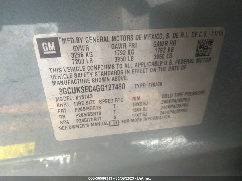 2016 CHEVROLET SILVERADO 1500 LTZ - 3GCUKSEC4GG127480