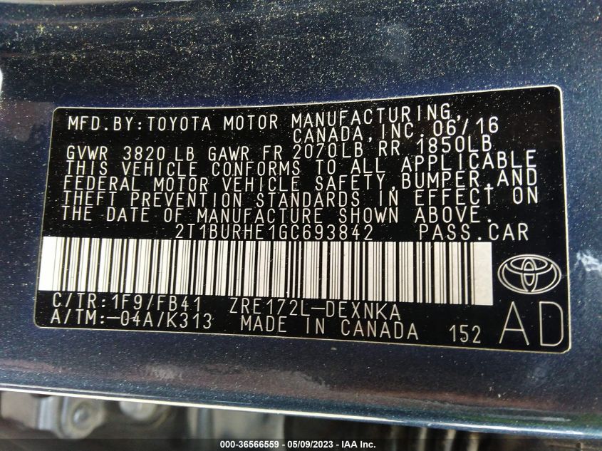 2016 TOYOTA COROLLA LE - 2T1BURHE1GC693842