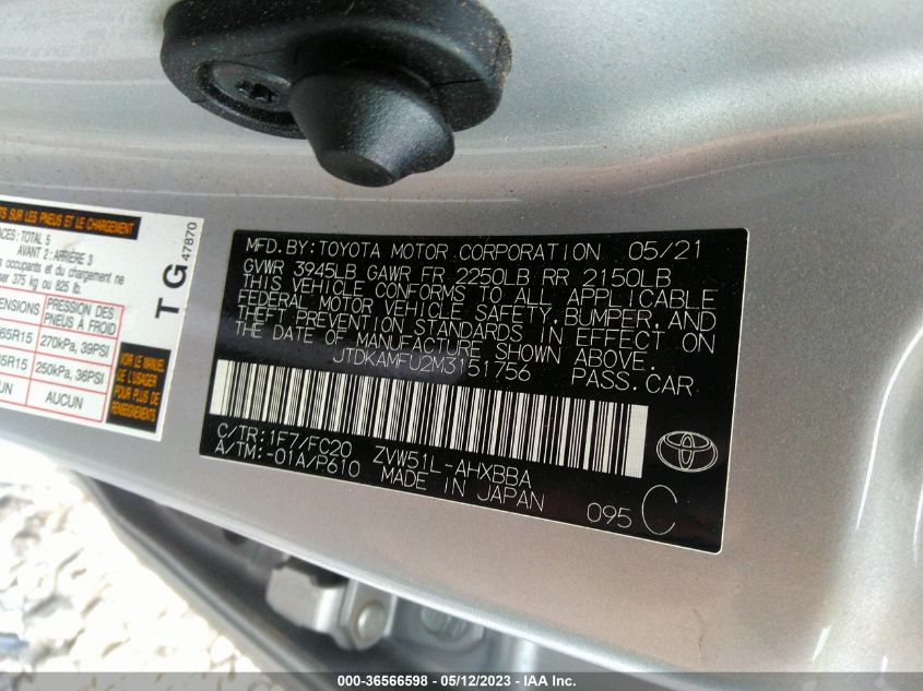 2021 TOYOTA PRIUS L - JTDKAMFU2M3151756