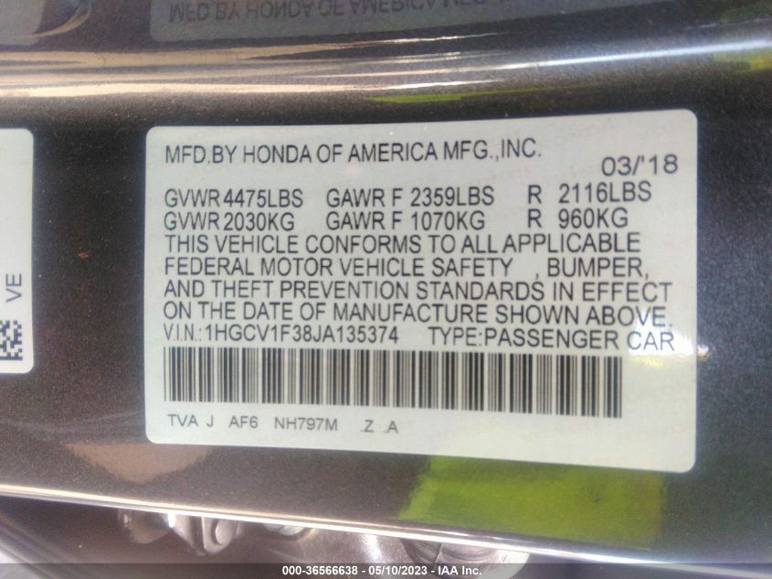 2018 HONDA ACCORD SEDAN SPORT 1.5T - 1HGCV1F38JA135374