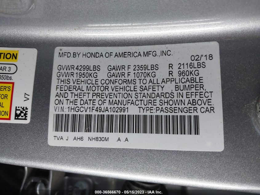 2018 HONDA ACCORD SEDAN EX 1.5T - 1HGCV1F49JA102991
