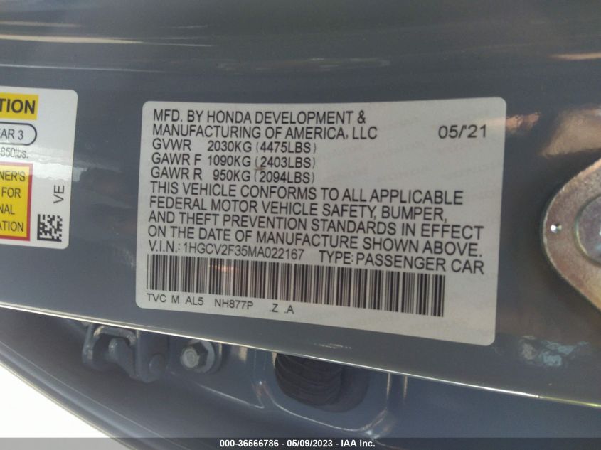 2021 HONDA ACCORD SEDAN SPORT - 1HGCV2F35MA022167