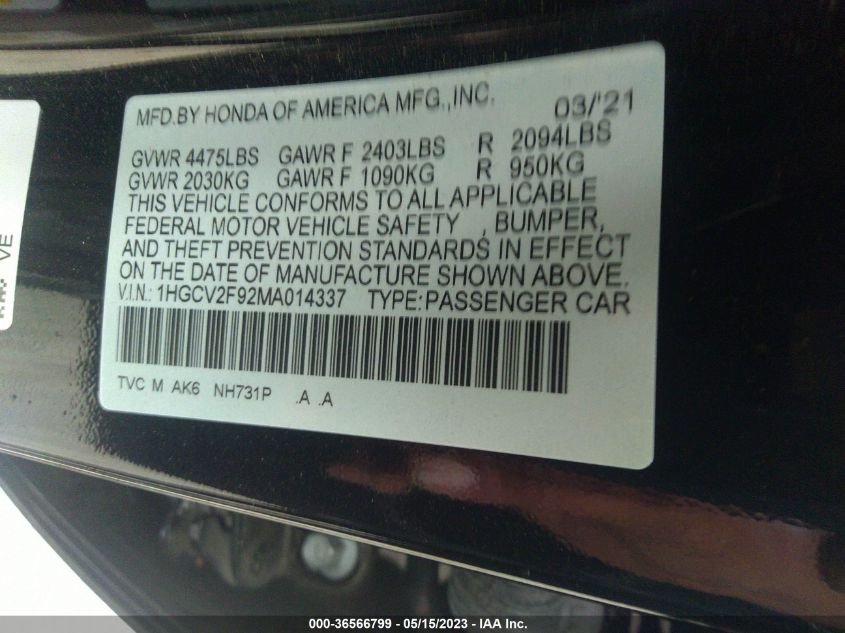 2021 HONDA ACCORD SEDAN TOURING - 1HGCV2F92MA014337