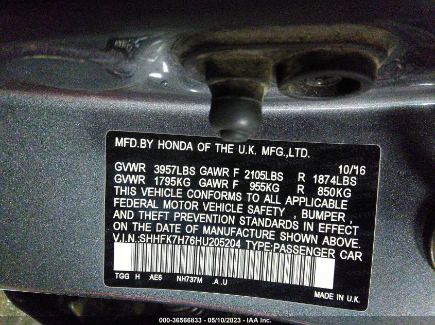 2017 HONDA CIVIC HATCHBACK EX-L NAVI - SHHFK7H76HU205204