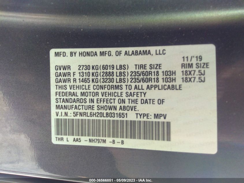 5FNRL6H20LB031651 2020 HONDA ODYSSEY, photo no. 9