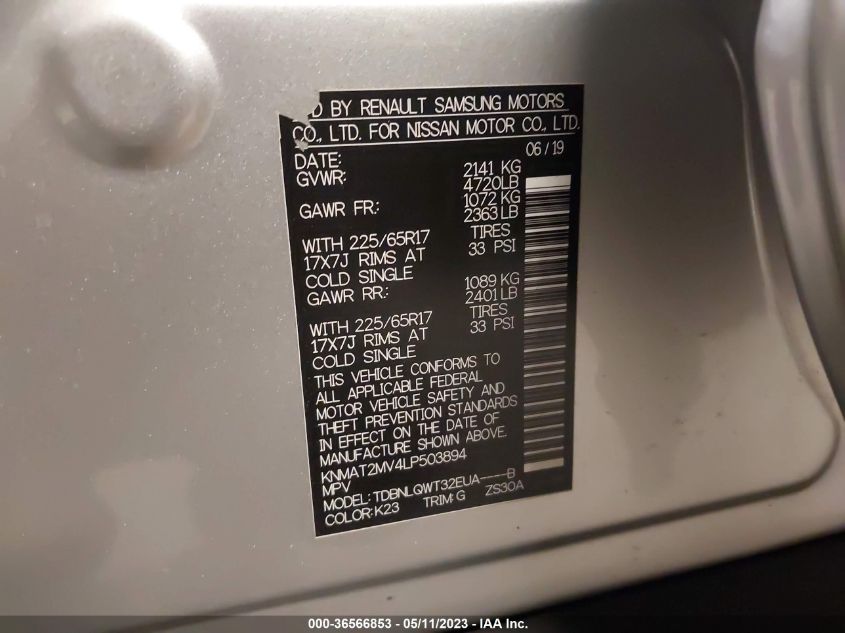 2020 NISSAN ROGUE SV - KNMAT2MV4LP503894