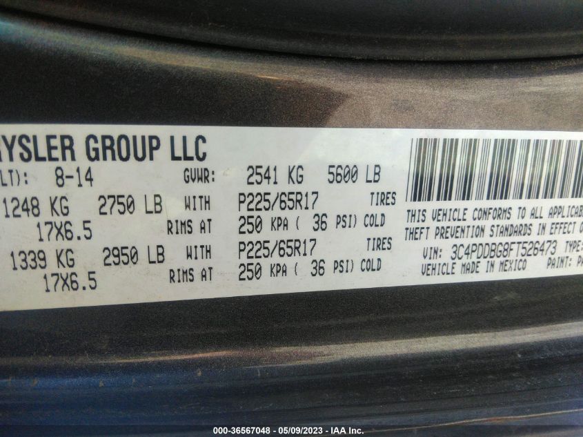 2015 DODGE JOURNEY SXT - 3C4PDDBG8FT526473