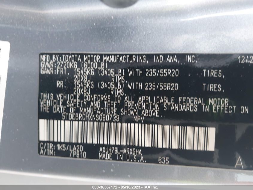 2022 TOYOTA HIGHLANDER HYBRID PLATINUM - 5TDEBRCHXNS080739