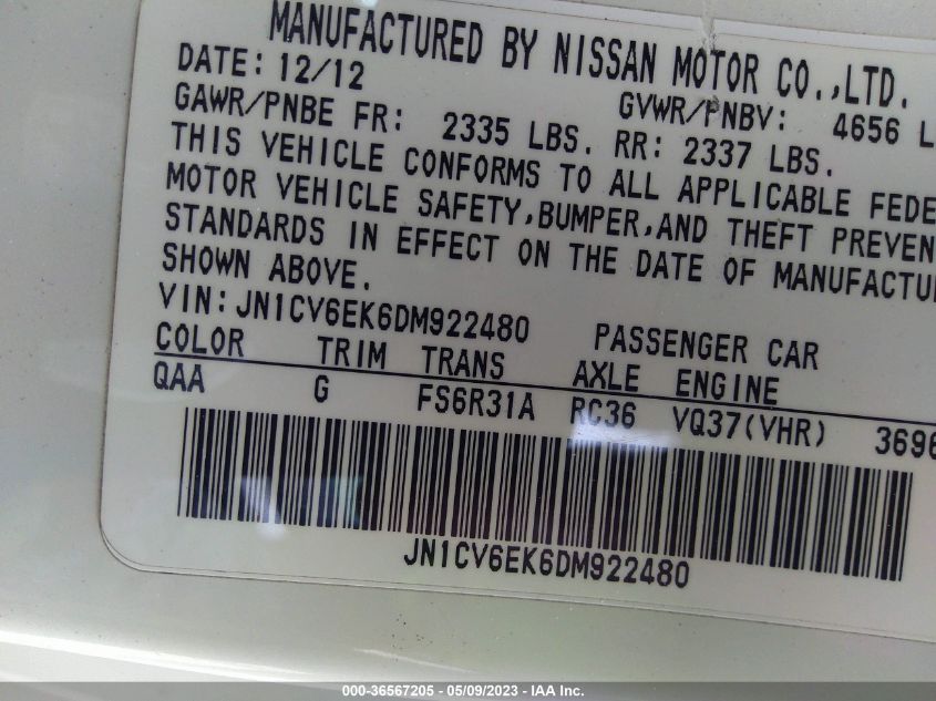 2013 INFINITI G37 COUPE SPORT 6MT - JN1CV6EK6DM922480