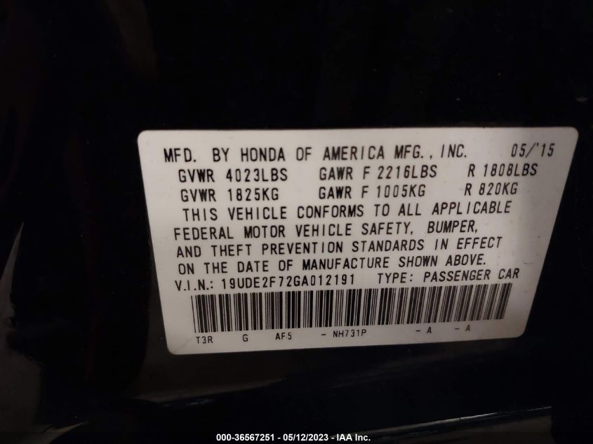 2016 ACURA ILX W - 19UDE2F72GA012191