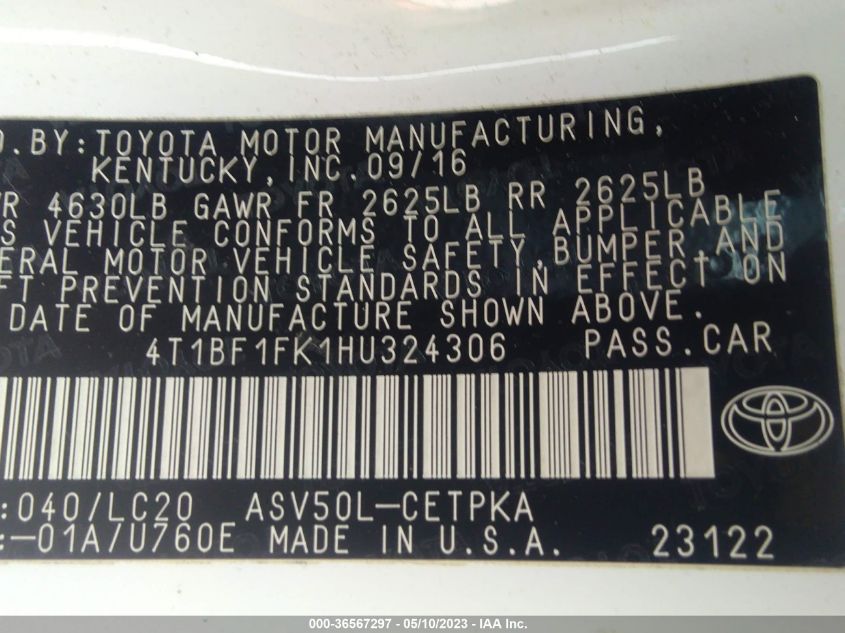 2017 TOYOTA CAMRY XLE/SE/LE/XSE - 4T1BF1FK1HU324306