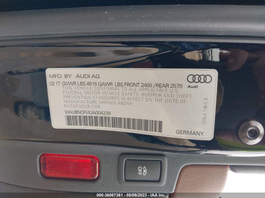 2018 AUDI A5 SPORTBACK PREMIUM PLUS - WAUBNCF5XJA004239