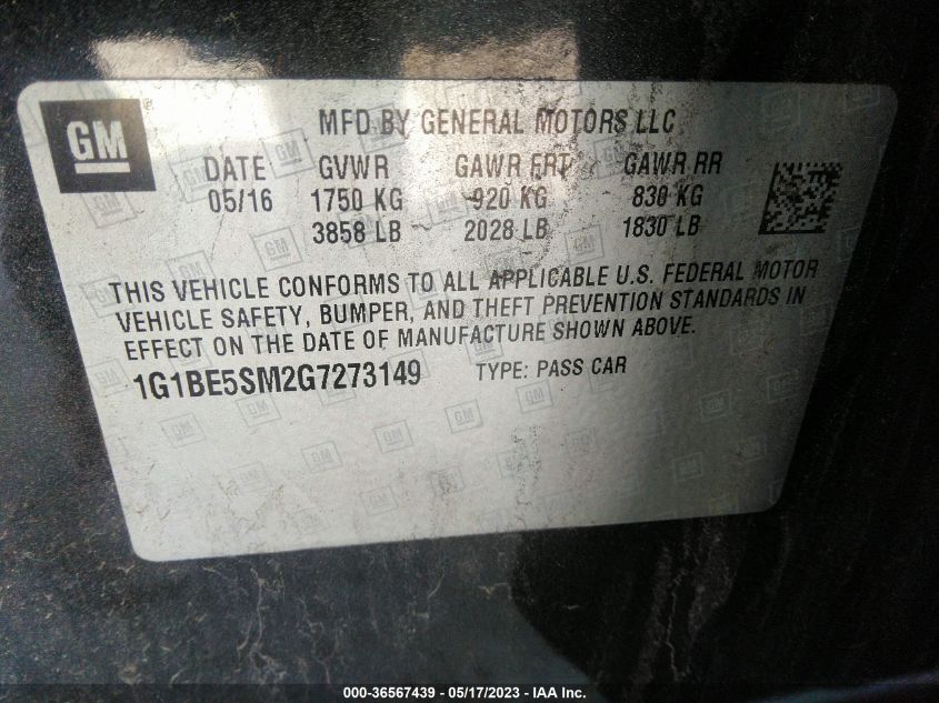 2016 CHEVROLET CRUZE LT - 1G1BE5SM2G7273149