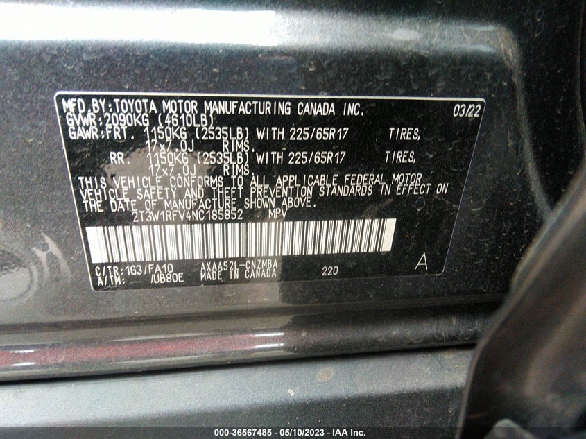VIN 2T3W1RFV4NC185852 2022 TOYOTA RAV4 XLE