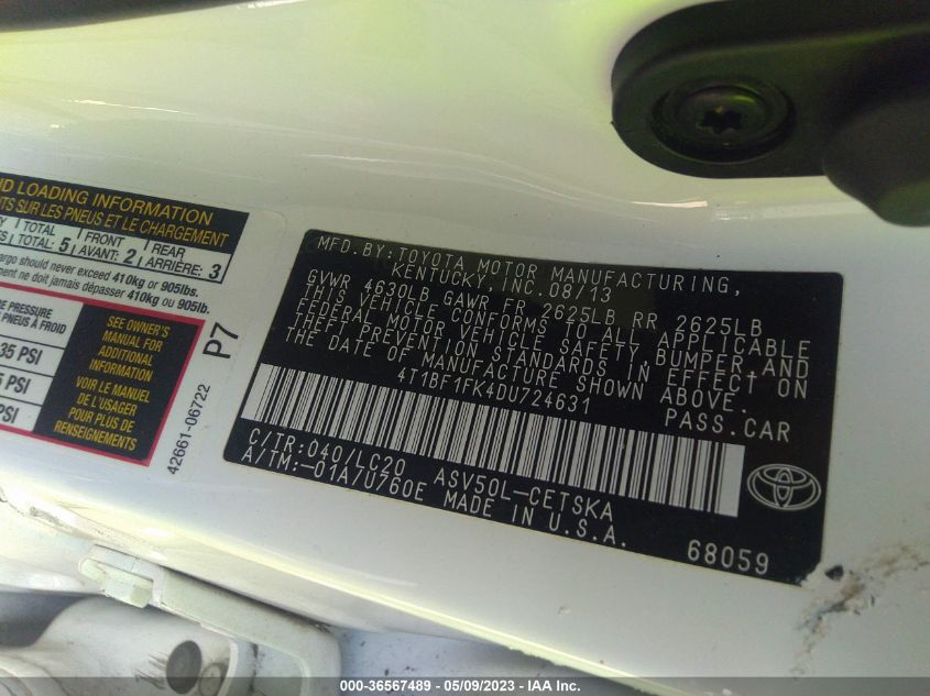 2013 TOYOTA CAMRY L/LE/SE/XLE - 4T1BF1FK4DU724631