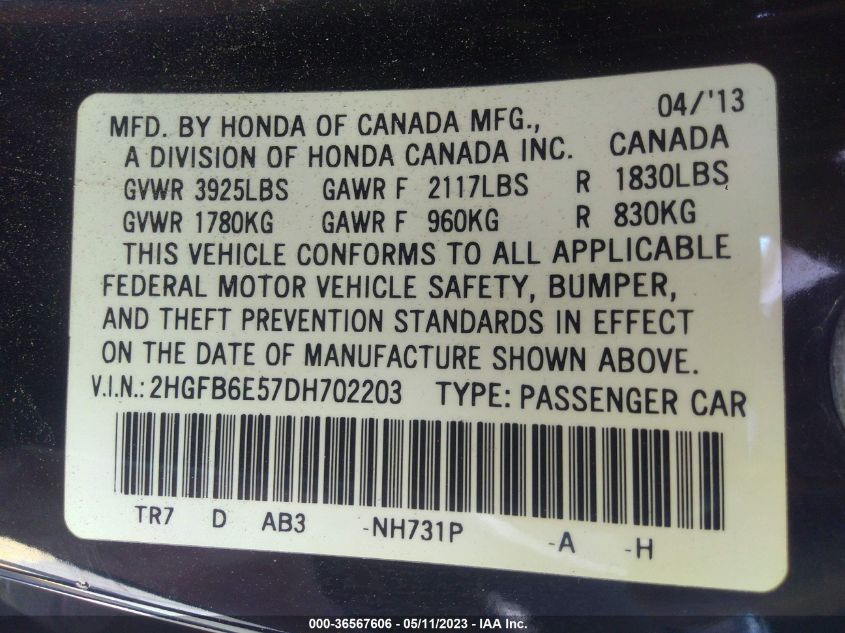 2013 HONDA CIVIC SDN SI - 2HGFB6E57DH702203