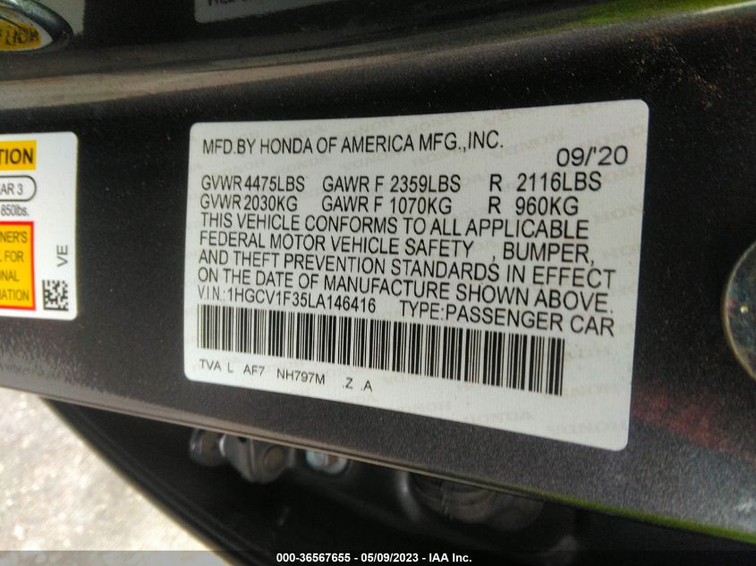 2020 HONDA ACCORD SEDAN SPORT - 1HGCV1F35LA146416