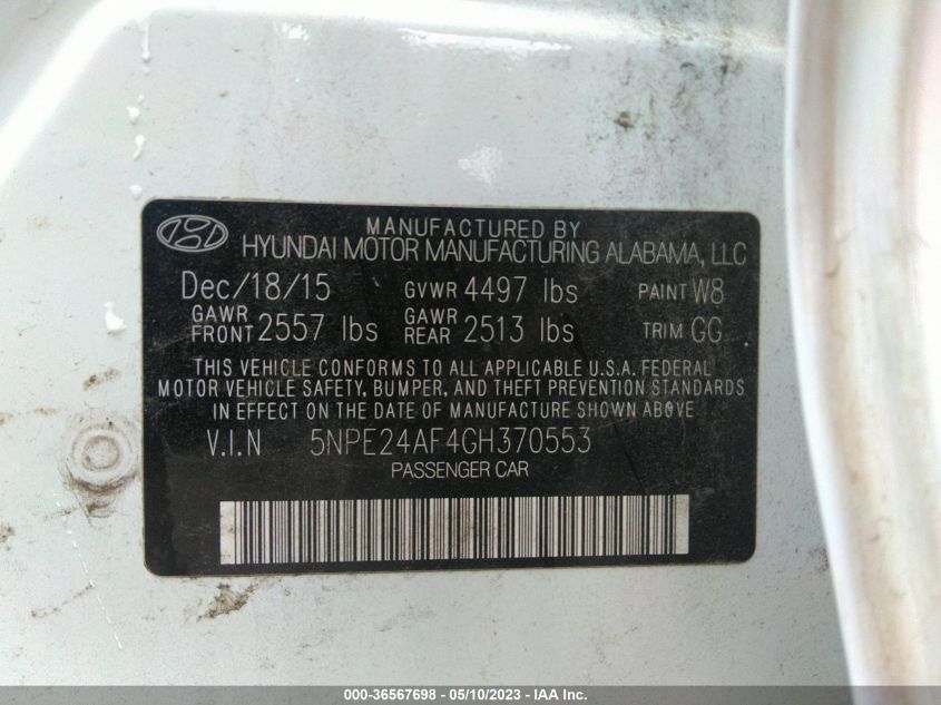 2016 HYUNDAI SONATA 2.4L SE - 5NPE24AF4GH370553