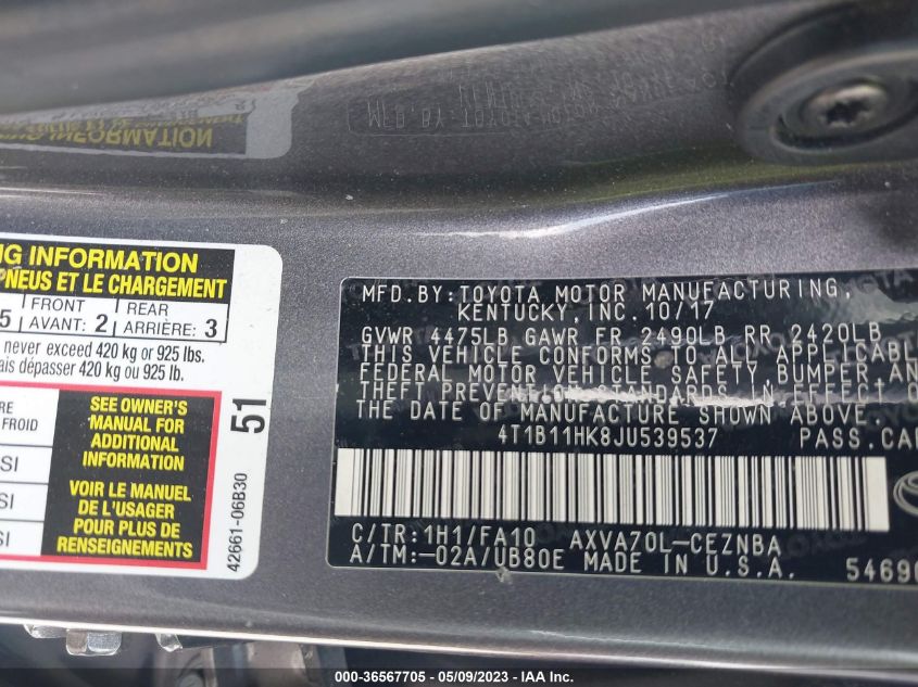 2018 TOYOTA CAMRY LE/SE/XLE/L - 4T1B11HK8JU539537