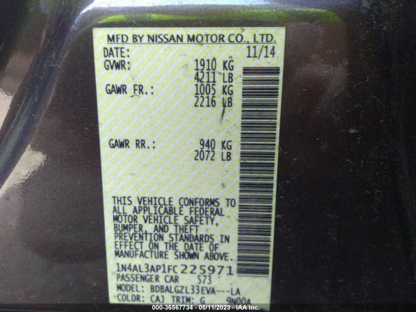 2015 NISSAN ALTIMA 2.5 S - 1N4AL3AP1FC225971