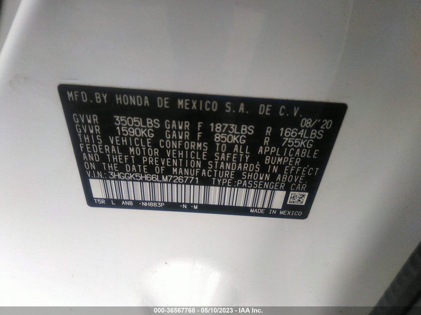 VIN 3HGGK5H66LM726771 2020 HONDA FIT SPORT