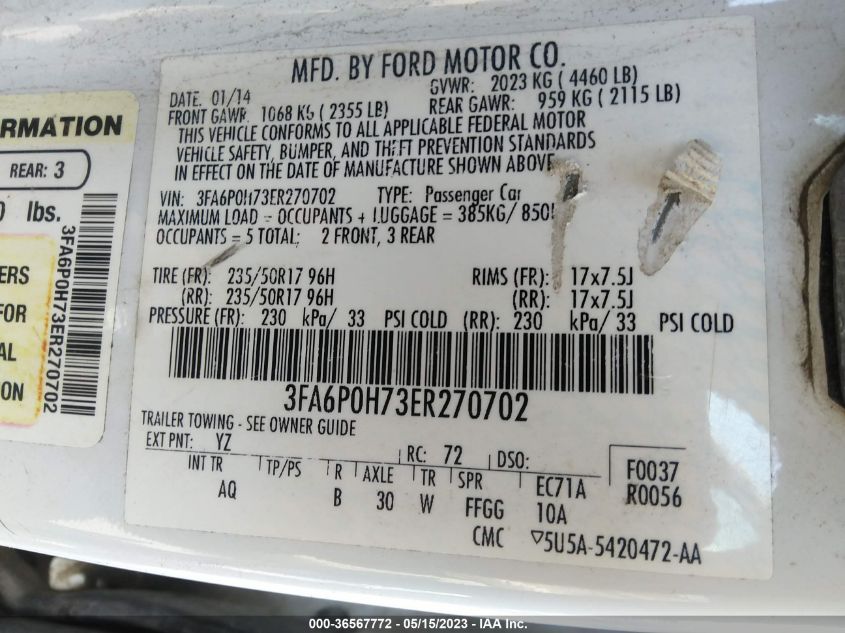 2014 FORD FUSION SE - 3FA6P0H73ER270702