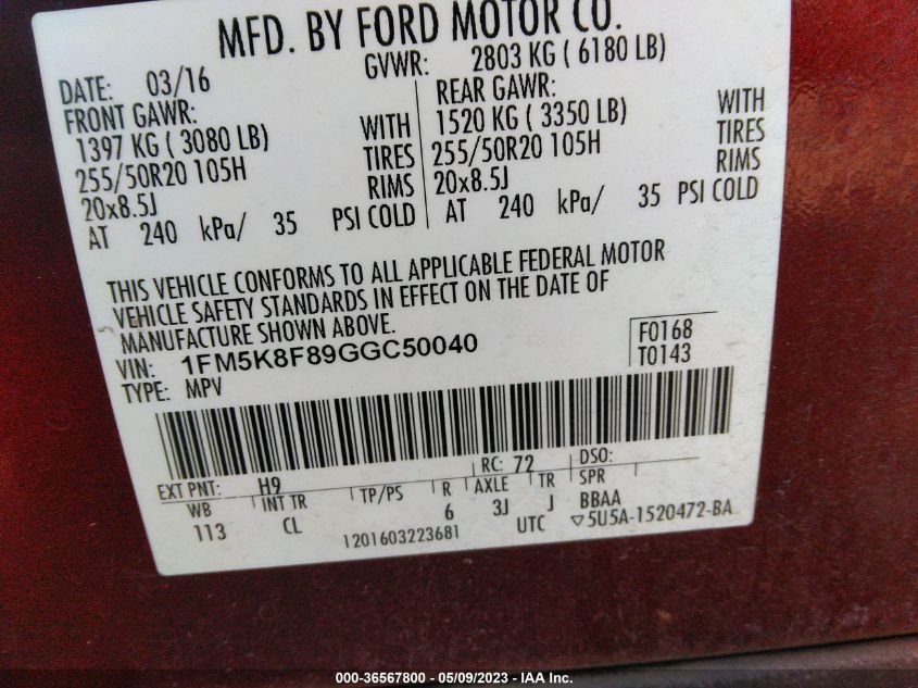 2016 FORD EXPLORER LIMITED - 1FM5K8F89GGC50040