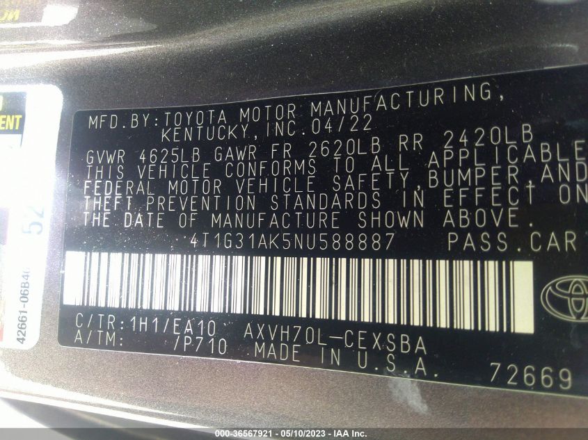 2022 TOYOTA CAMRY HYBRID - 4T1G31AK5NU588887