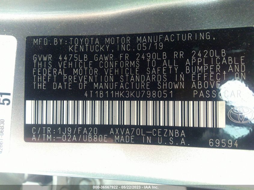 2019 TOYOTA CAMRY LE/SE/XLE/L - 4T1B11HK3KU798051