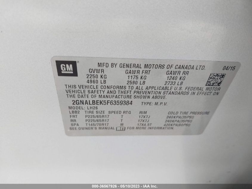 2015 CHEVROLET EQUINOX LT - 2GNALBEK5F6359384